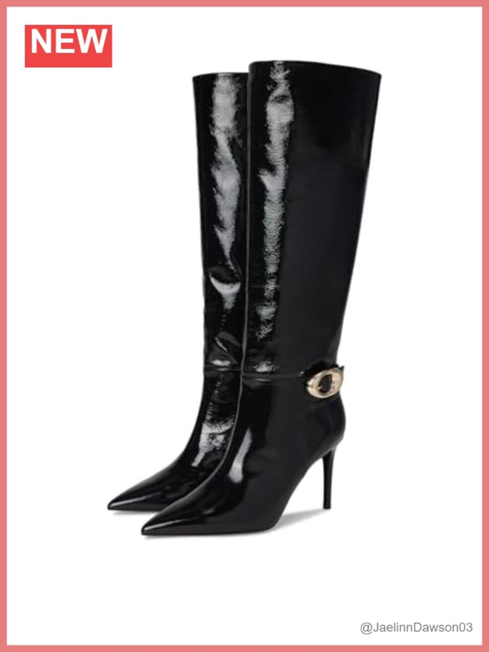 Knee-High Crinkled Patent Pointed Toe Stiletto Heel Buckle Boots